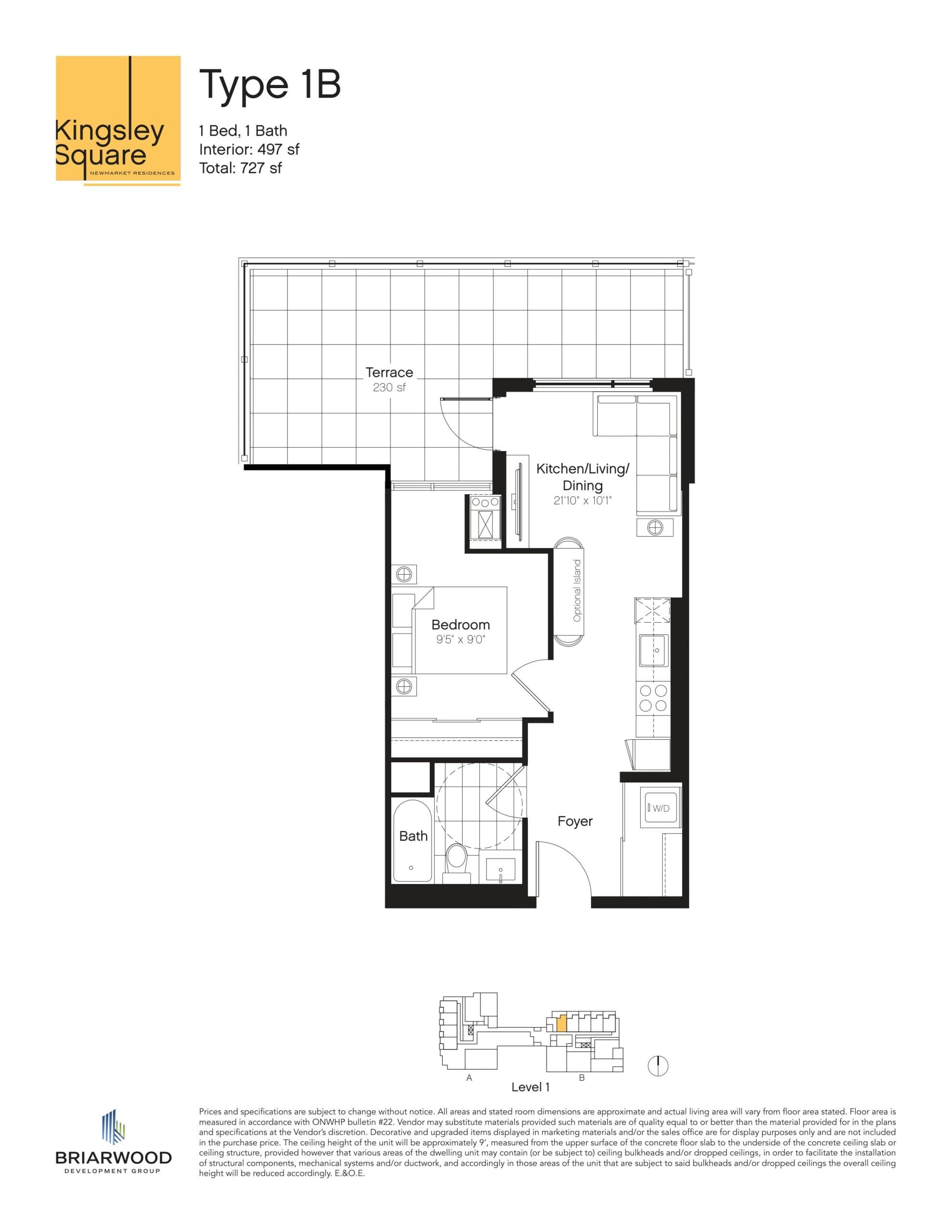 Type 1B Floor Plan at Kingsley Square Condos - 497 sq.ft