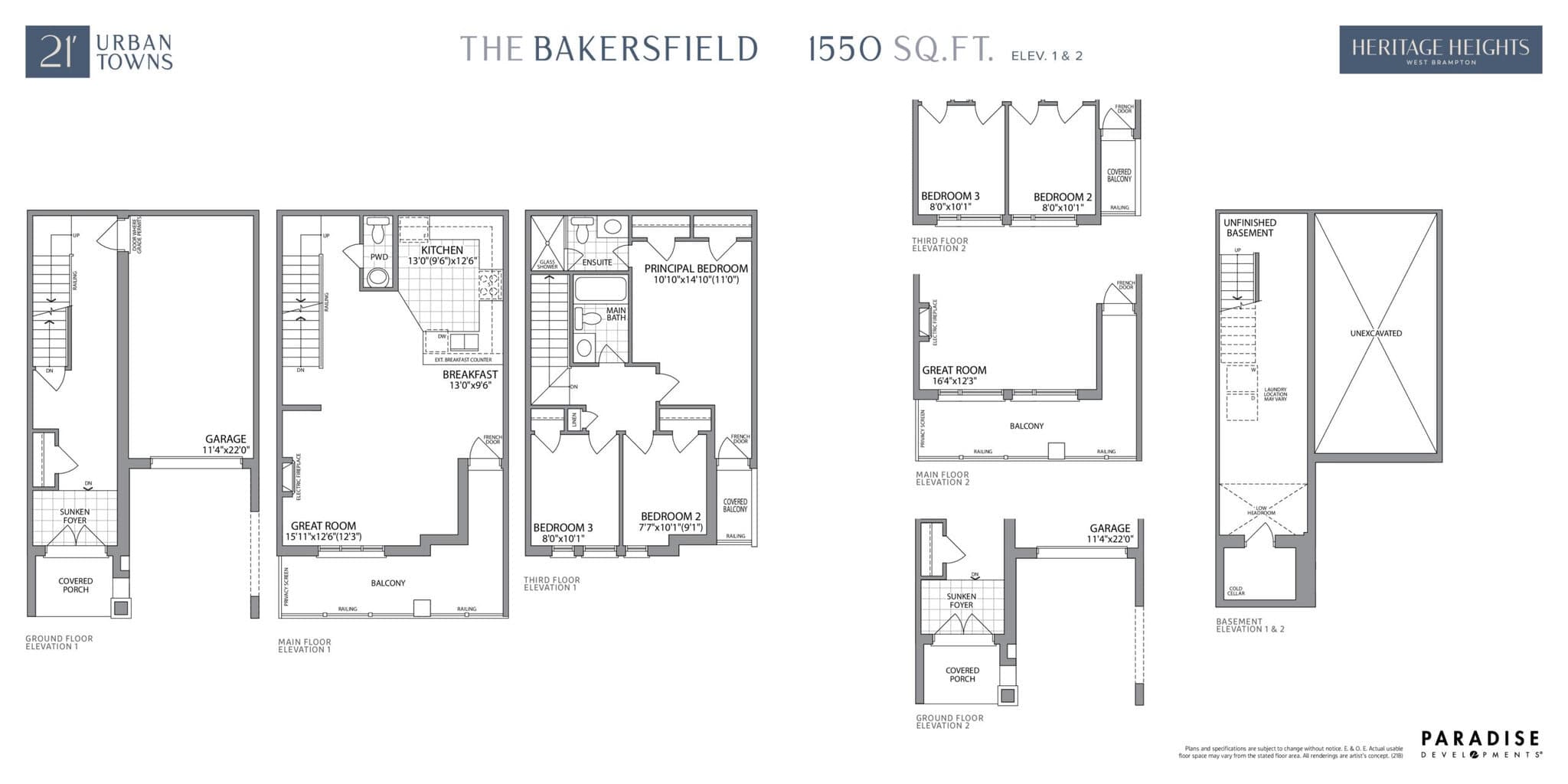 The Bakersfield Floor Plan at Heritage Heights Towns - 1550 sq.ft