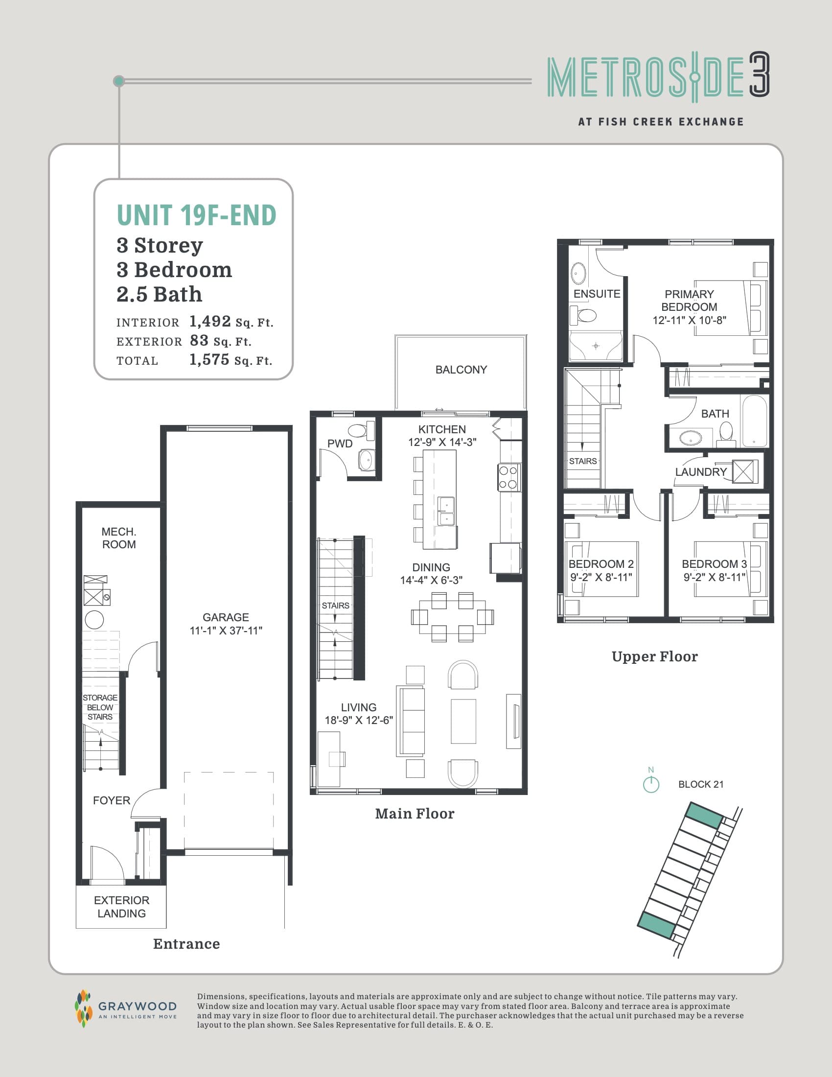 Unit 19F-End Floor Plan at Metroside 3 Condos - 1492 sq.ft
