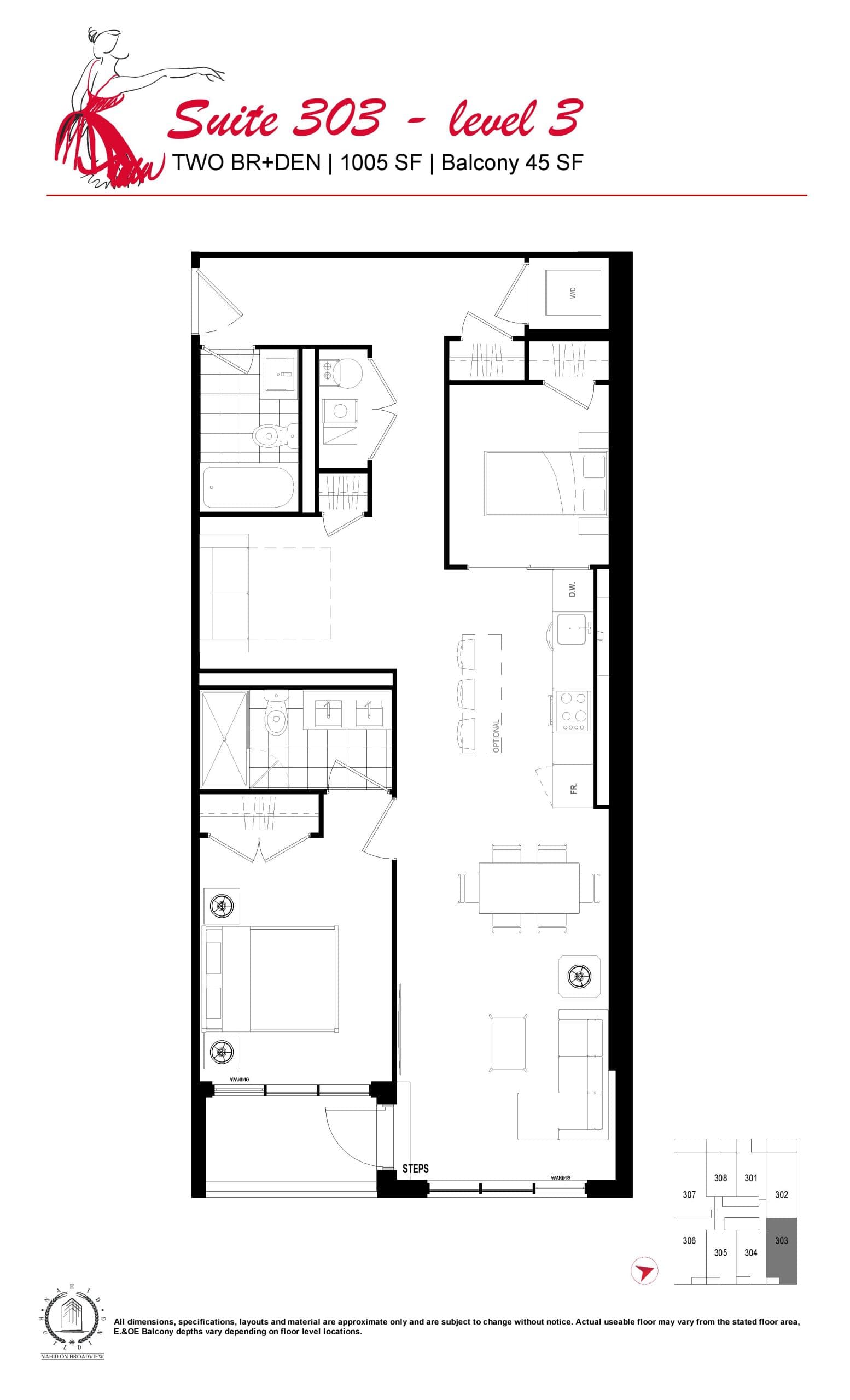 U303 (Suite 303) Floor Plan at Nahid on Broadview Condos - 1005 sq.ft