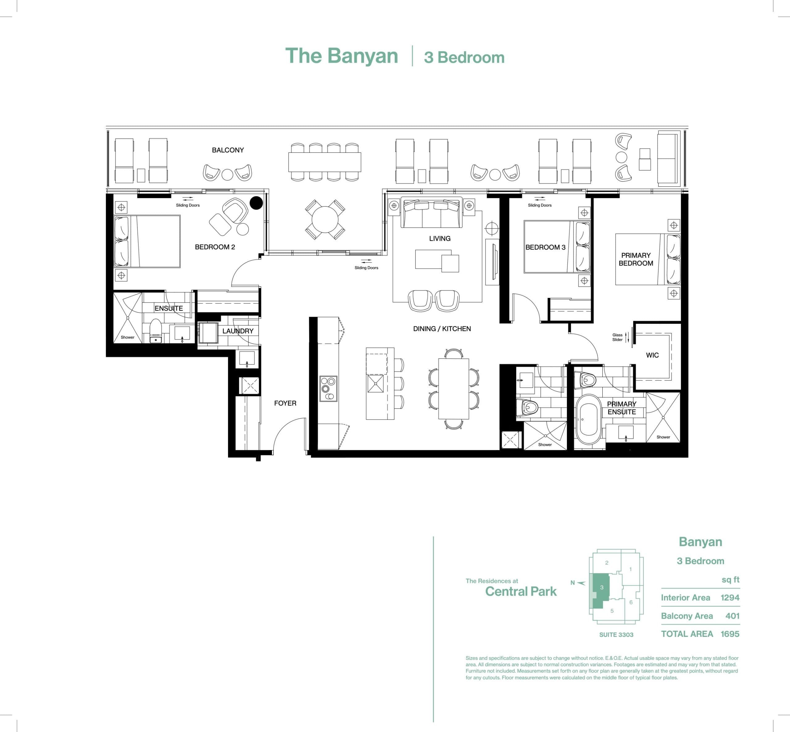 The Banyan Floor Plan at The Residences at Central Park Condos - 1294 sq.ft
