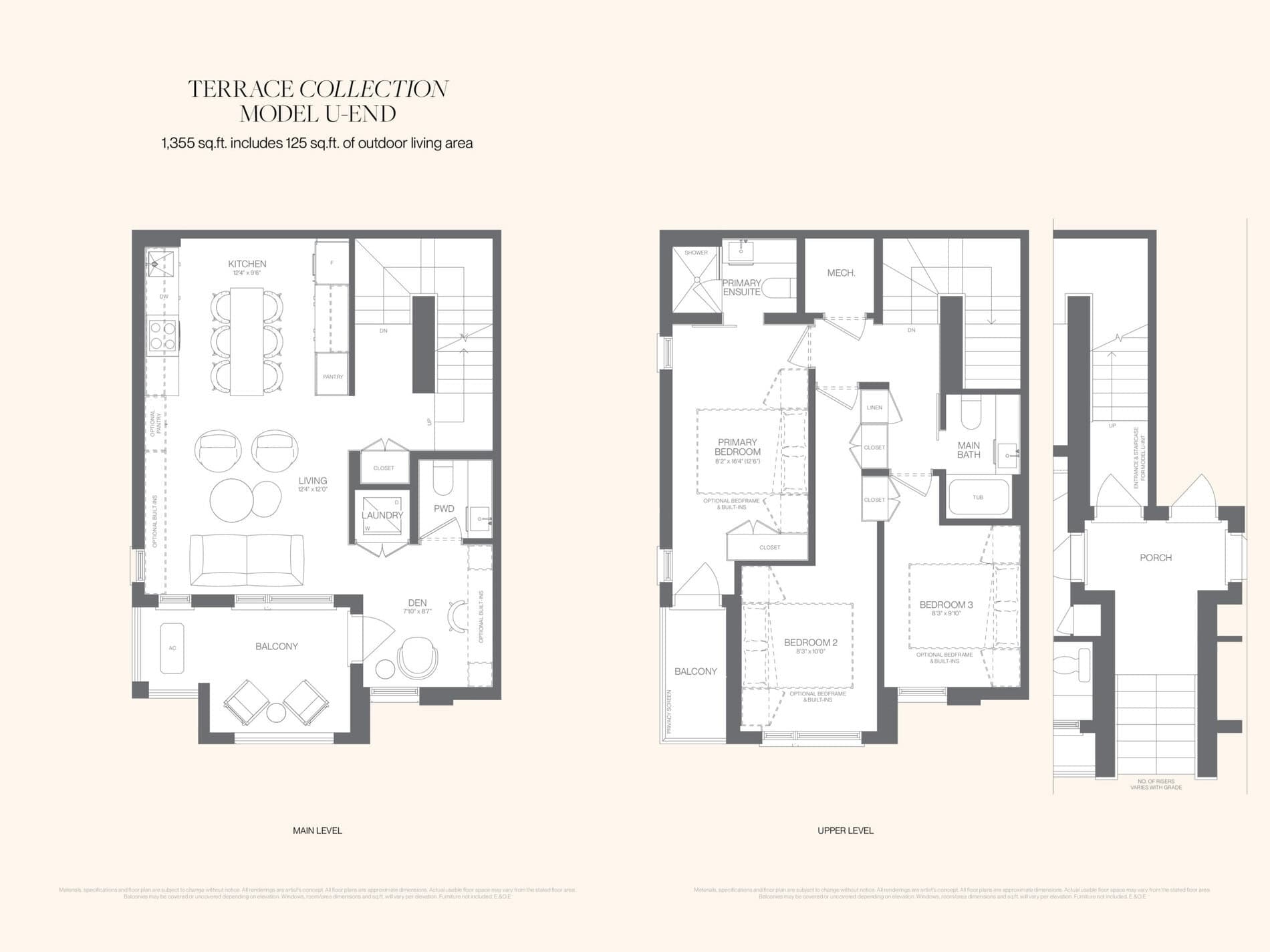 Model U-End (Terrace Collection) Floor Plan at Unity Towns by Treasure Hill - 1355 sq.ft