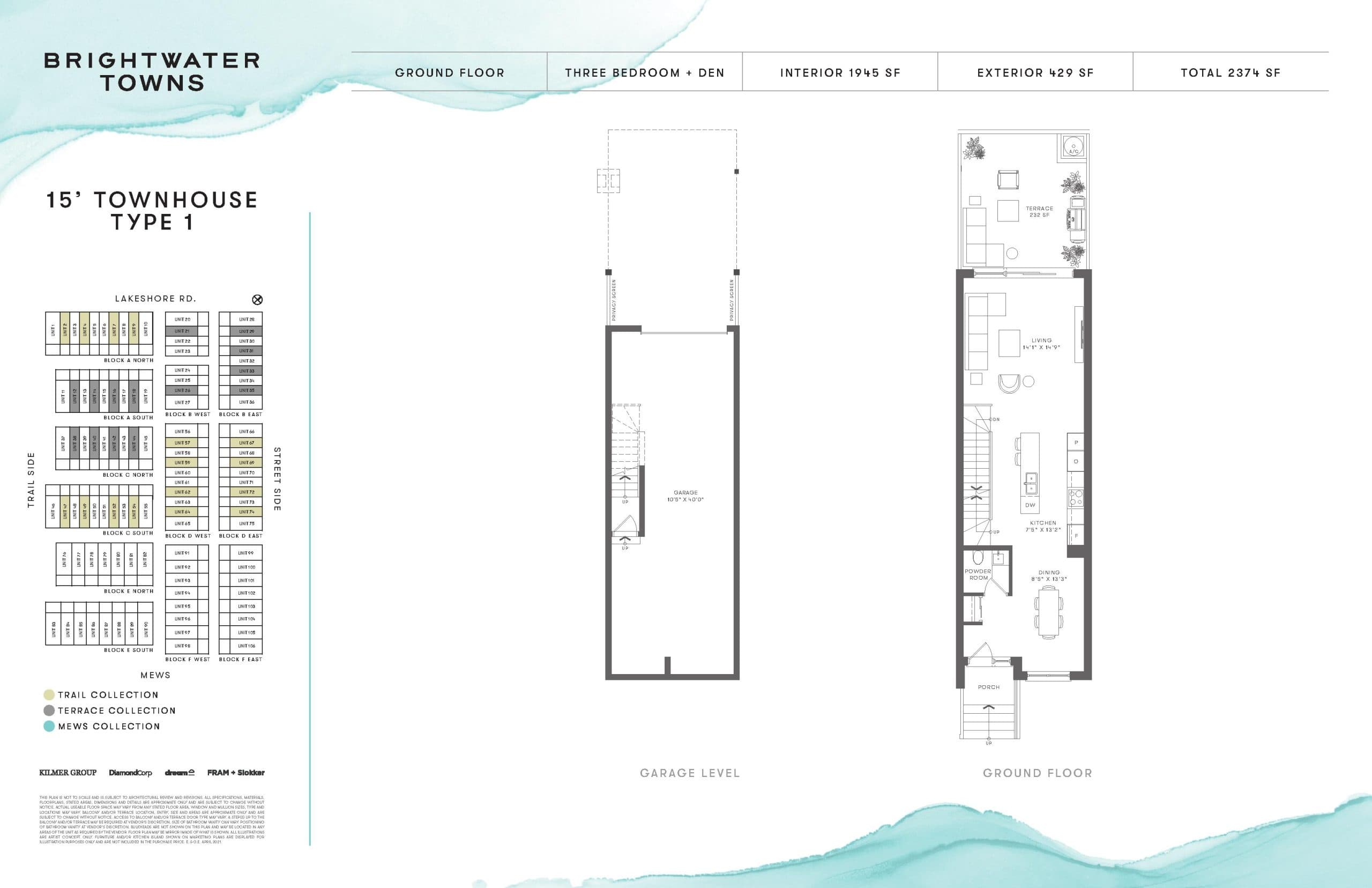 15' Townhouse Type 1 Floor Plan at Brightwater Towns - 1945 sq.ft