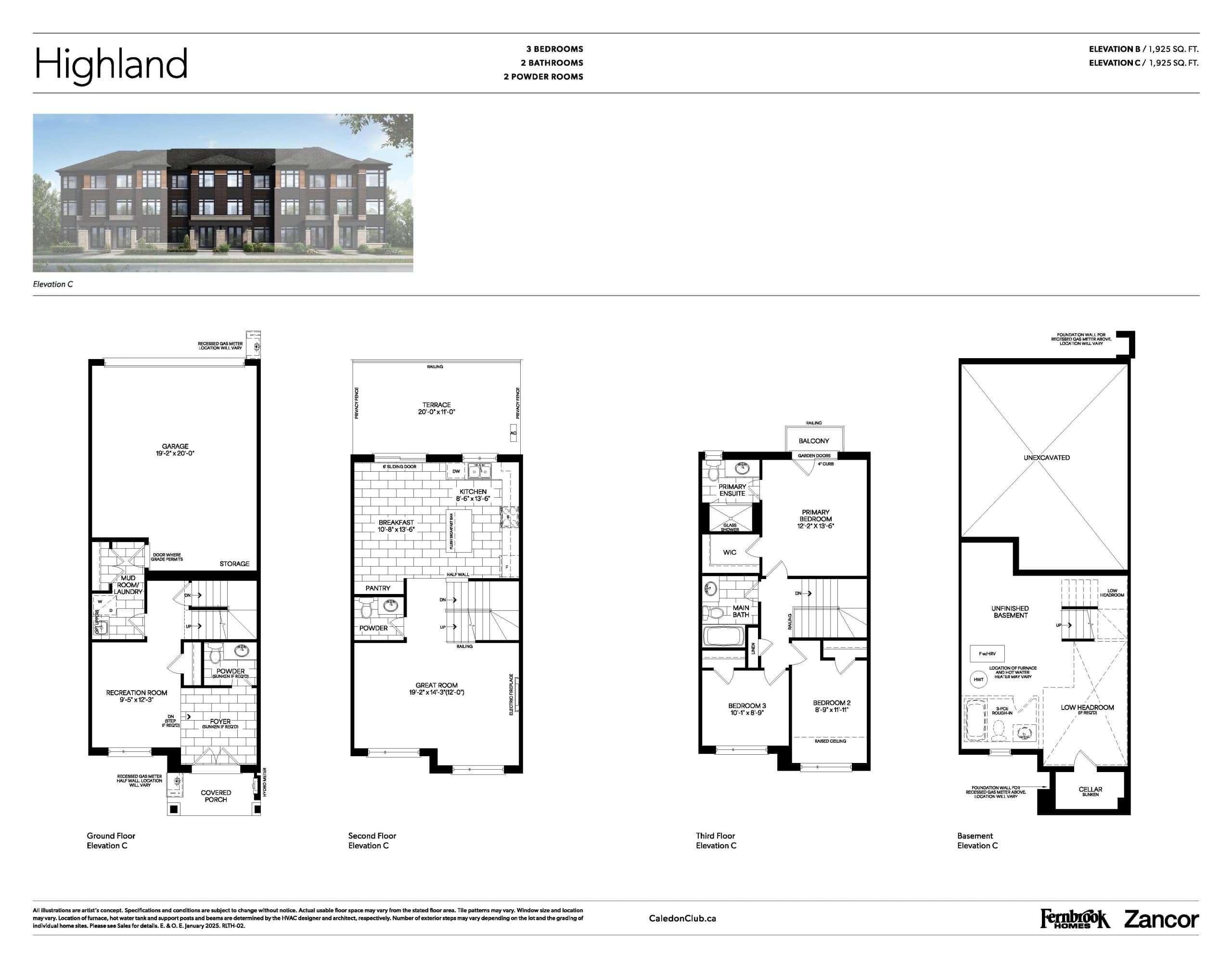 Highland Floor Plan at Caledon Club Towns Phase 2 - 1925 sq.ft