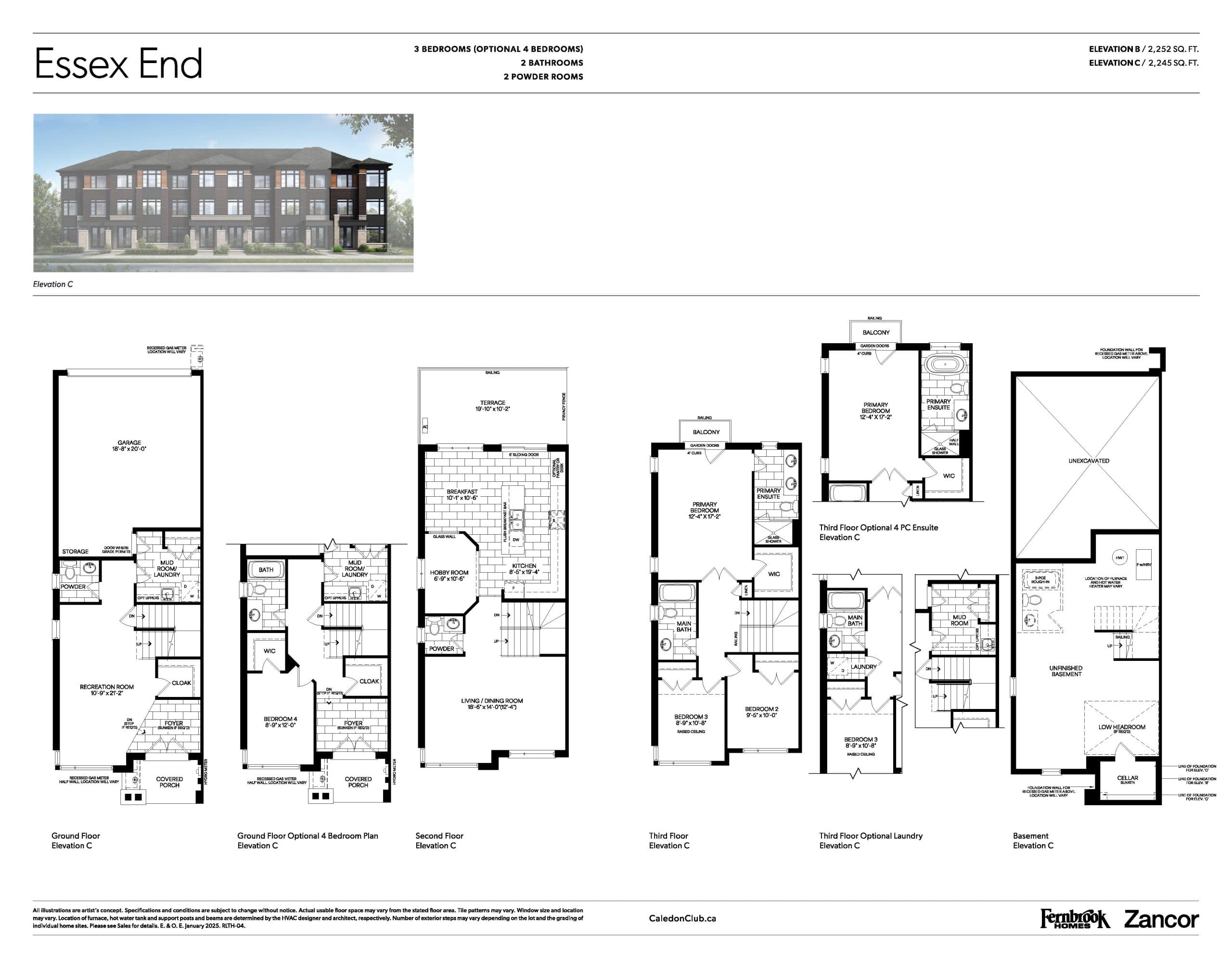 Essex End Floor Plan at Caledon Club Towns Phase 2 - 2245 sq.ft
