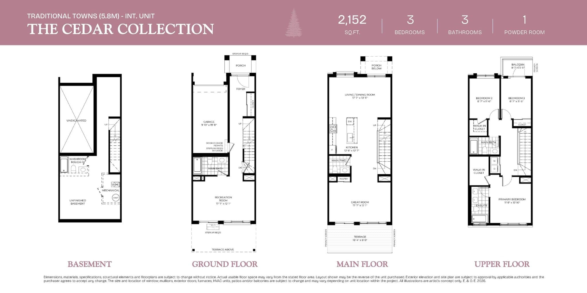 Cedar Collection - Interior Unit Floor Plan at Woodbine Parkside by 95 Developments - 2152 sq.ft